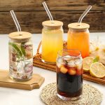 [ 6pcs Set ] Glass Cups with Bamboo Lids and Glass Straw - Beer Can Shaped Drinking Glasses, 16 oz Iced Coffee Glasses, Cute Tumbler Cup for Smoothie, Boba Tea, Whiskey, Water - 2 Cleaning Brushes - Image 4